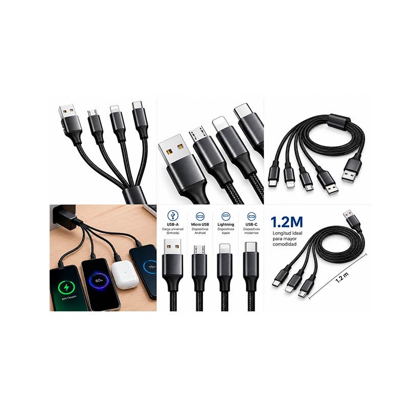 CABLE 3 EN 1 ENTRADA V8 , USB-C Y LIGHTNING